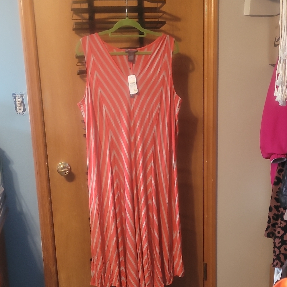 Chelsea & Theodore Coral and White Striped Midi Dress